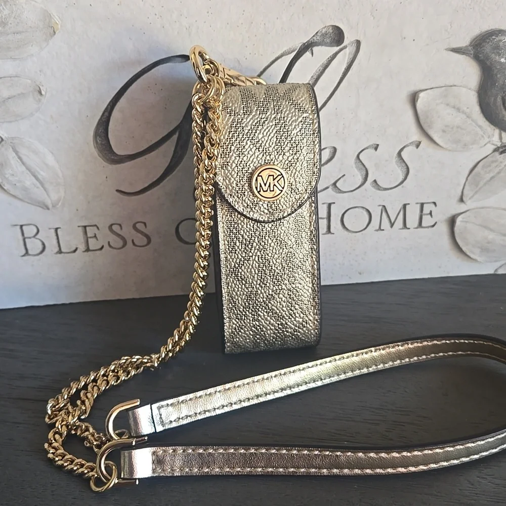 Michael Kors Logo Metallic Gold Lipstick Holder with Gold Chain